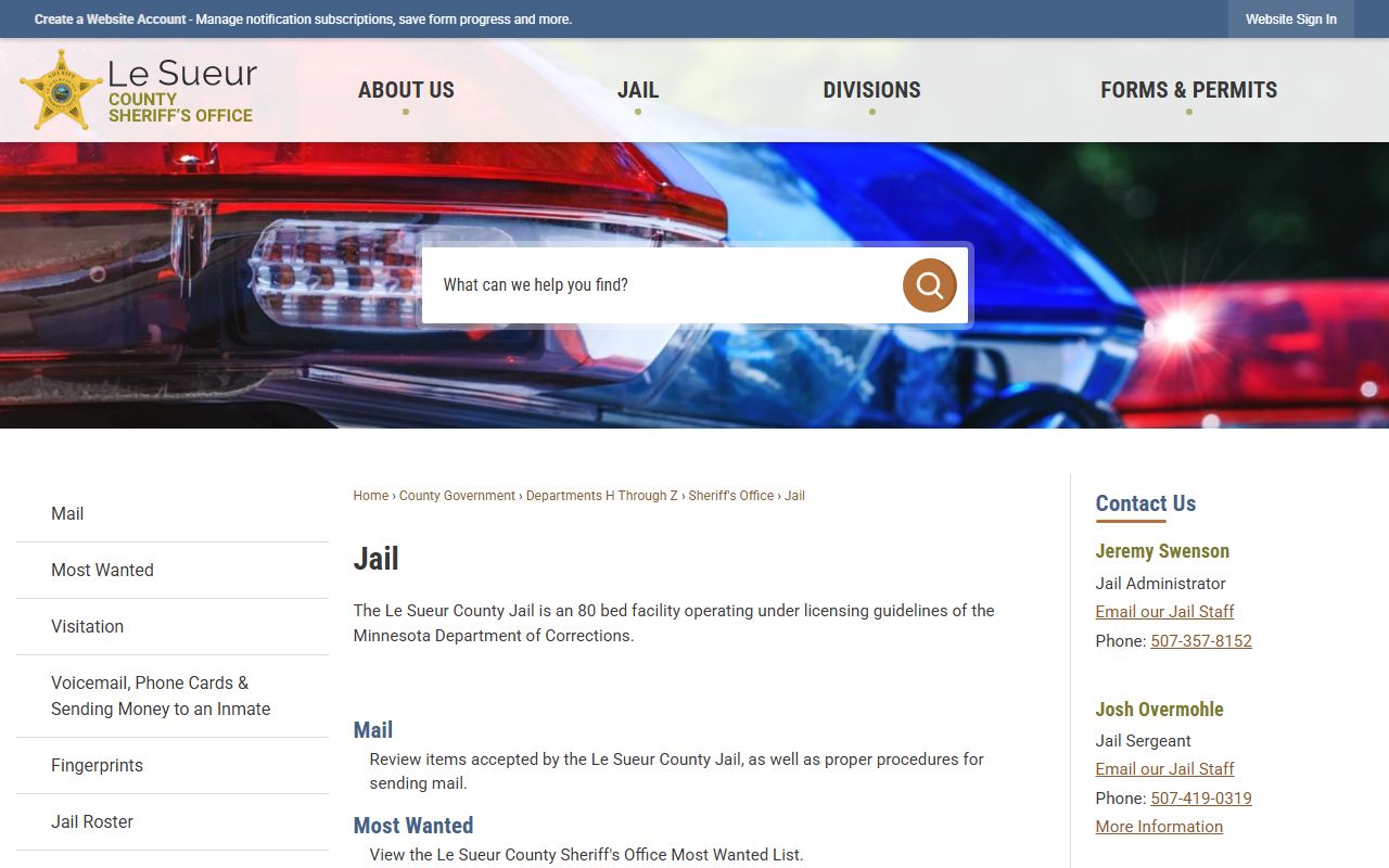 Le Sueur County Jail official page for inmate lookup and jail contacts