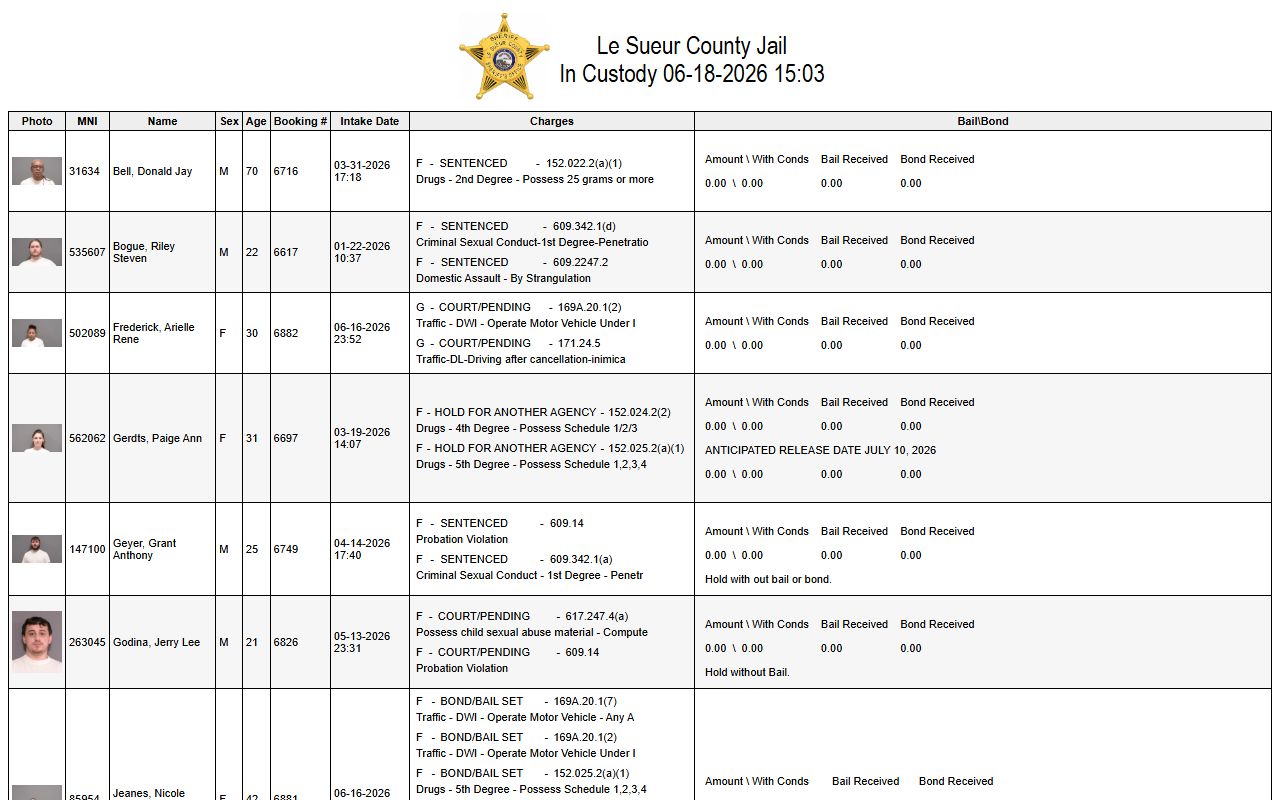 Le Sueur County Jail roster search with inmate booking and custody fields