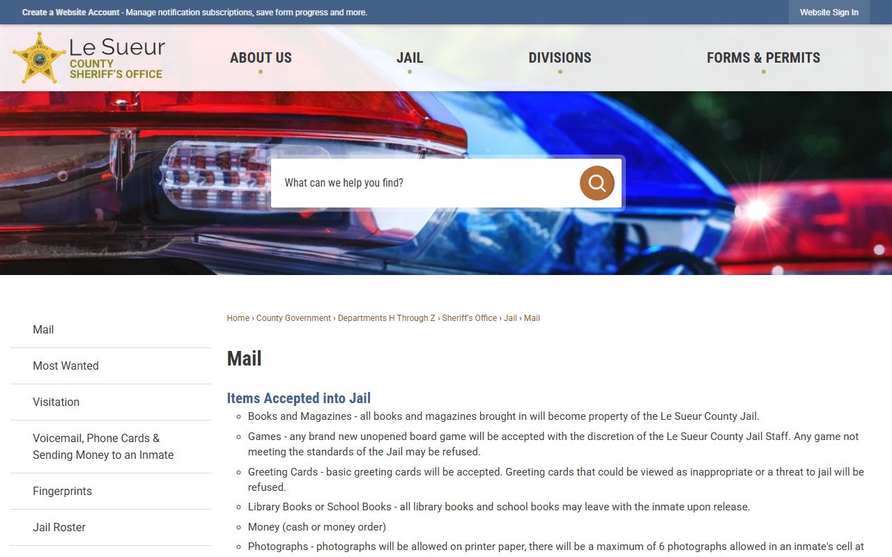 Le Sueur County Jail mail rules for inmate records and custody communication