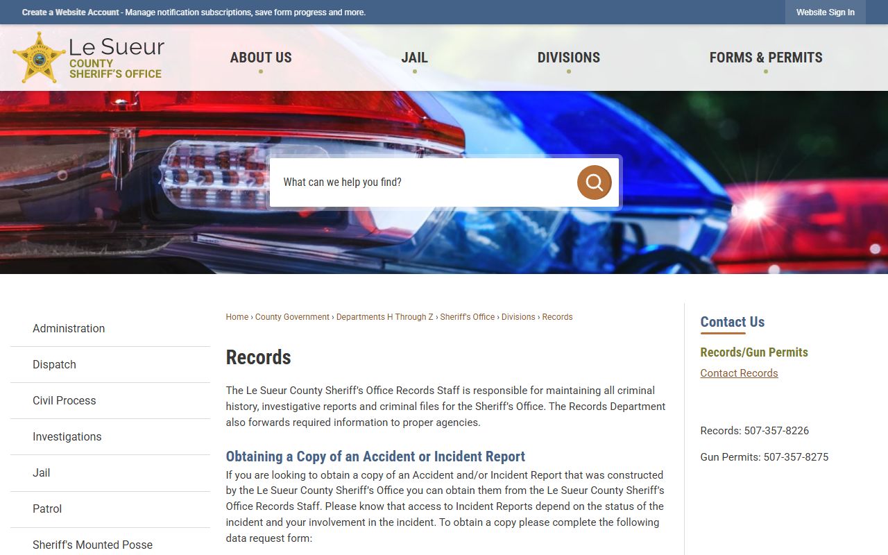 Le Sueur County inmate records request page for Sheriff's Office records