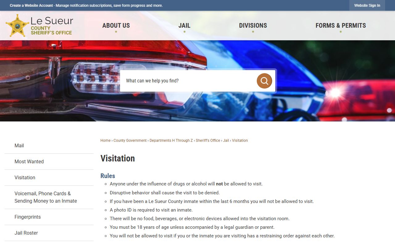 Le Sueur County Jail visitation rules and inmate visiting schedule