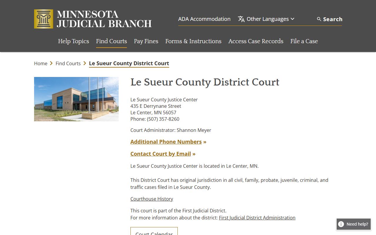 Le Sueur County District Court record access page